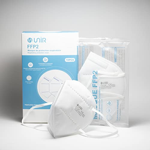UniR Masque de protection respiratoire FFP2 Blanc,Adultes,CE, Fabriqué en France, 5 couches, EN 149:2001+A1 2009 EPI EU 2016/425, RENOUVELLEMENT MODULE C2 2022- sachet individuel (Lot de 100pcs).