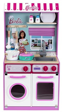Klein Theo 2 in 1 Barbie Wooden and Metal Toy Kitchen and Dollhouse with Pretend Washing Machine and Oven for Kids Ages 3 and Up Integrated Dollhouse