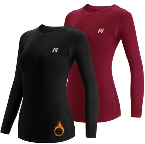 MEETWEE Women’s Thermal Underwear Tops, Thermals Shirts Base Layer Top Compression Long Sleeve Tee-Shirt Sport Fleece Lined T Shirt for Running Workout Skiing