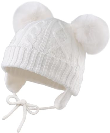 XIAOHAWANG Tricoté Bébé Bonnet Fille Garçon Hiver Chapeau pour Enfant Tout-Petit Toque avec Pompon (6 à 24 Mois, Blanc)