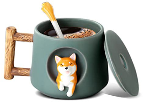 Kaffeetasse Süße Shiba Inu Kaffeebecher: Nizirioo 420ml Keramik Teetasse Keramikbecher mit Deckel & Löffel Hunde Keramik Kaffeetassen Süß Corgi Dog Becher Kaffeetasse Keramik Becher für Hundeliebhaber