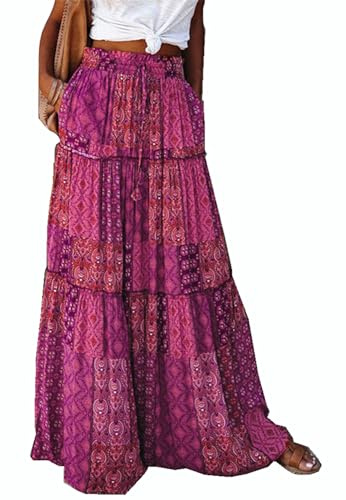 BETYFUL Falda larga de verano para mujer, estilo bohemio, cintura alta, elástica, con bolsillos, falda de playa, Rosa y flores, XL