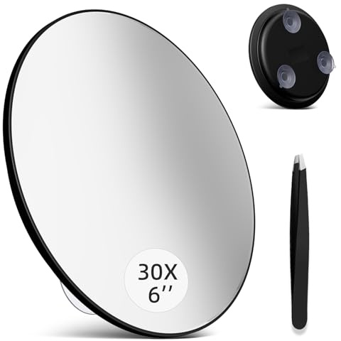 saiggnyy Large 6 30x Magnifying Mirror with Tweezers, Travel Magnified Mirror 30x with Suction Cups, High Magnification, Round Magnified 30 X Mirrors