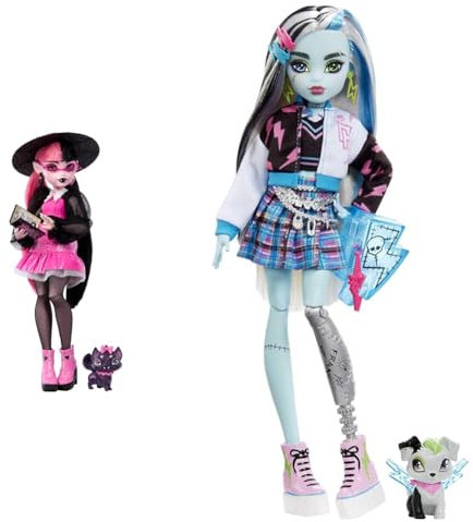 Monster High Draculaura-Puppe mit ihrem Haustier & Frankie Puppe - Elektrisierende Mode, Voltageous College-Jacke, gruseliges Zubehör, Flexibler Körper, für Kinder ab 6 Jahren, HHK53