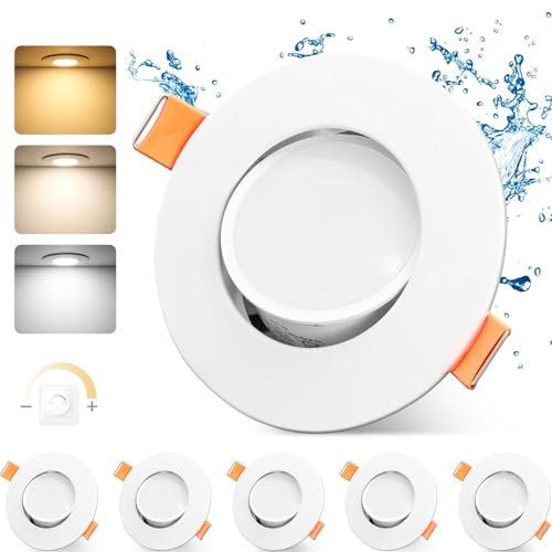 GeyouLux 3CCT Spot LED Encastrable Dimmable 230V 5W IP44 Spot Salle de Bain Orientable 68-80mm 45° Rotatif Spot LED Encastrable Extra Plat Rond Blanc Plafonnier pour Salon Chambre Cuisine Lot de 6