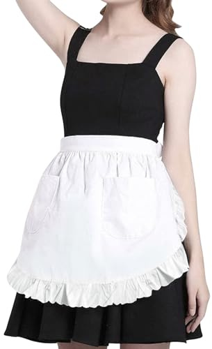 LFCFBH Half White Apron, 2 Pockets Frilly Waitress Apron for Women, Suitable for Kitchen Cooking Restaurant Coffee Shop
