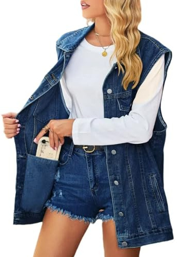 AUKLETBLIEF Veste décontractée classique en denim sans manches pour femme, bleu marine, XL