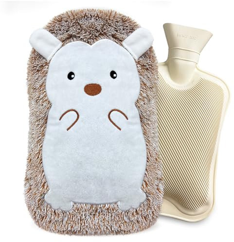 Wärmflasche mit Bezug 2 Liter, Wärmflaschen Tier Groß, Wärmflasche Kinder Igel, Wärmeflasche mit Kuschelig Flauschig Kunstpelz Bezug, Handwärmer Silikon Weichem für Hand Fuß Körper Warmhalten