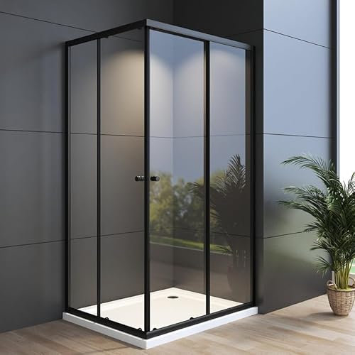 WDWRITTI Eckeinstieg Duschkabine Schiebetür 80x90x185cm, Schwarz Duschabtrennung Schiebetüren Echtglas Duschtür aus 6mm Nano Glas, Glas Eckeinstieg Duschwand Eckdusche Höhe 185cm