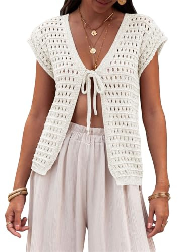 Saodimallsu damer sommar kofta v-ringad sexig boho toppar kortärmad öppen front stickad tröja virkad lätt strand bikini täcka kort kofta, Vit, M
