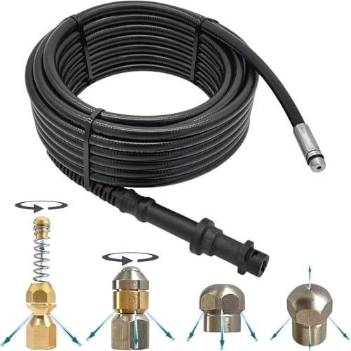 M&M Smartek Tuyau de nettoyage de canalisations de 30 m compatible avec Karcher Home, K2, K3-K7, Spirale 2025, (rotor, fusées et buse de jet de perçage)