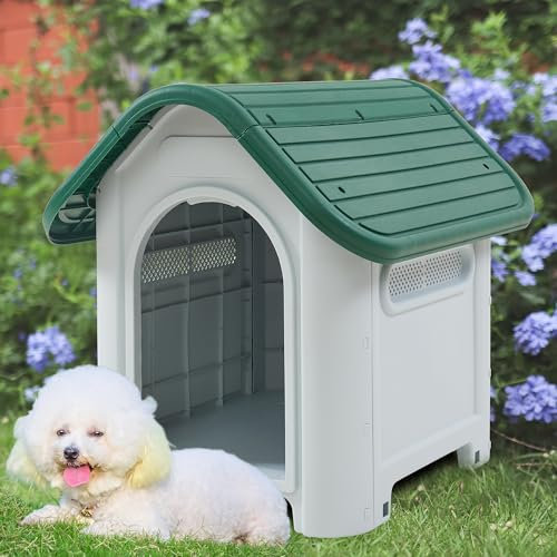 [en.casa] Hundehütte Outdoor Bello Hundehöhle wetterfest Hundehaus mit Lüftungsschlitzen 75 x 59 x 66 cm Kleintierhaus erhöhter Boden Kunststoff Weiß/Grün