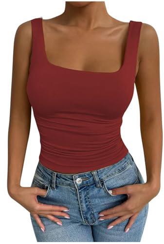 Ladies Tank Tops Summer Wide Strap Vest Tops Casual Square Neck Vests Lightweight Solid Color Women Crop Top Gym Sport Cami Slim Fit Camisole Athletic Yoga Sleeveless Underwear