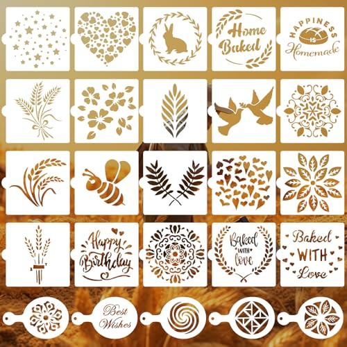 25PCS Cookie Stencils, Reusable Artisan Bread Stencils for Sourdough 5x5 Inch, Coffee Stencil Templates Mold Tools DIY Craft Template