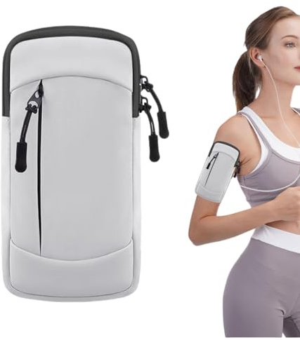 Running Armband, Phone Holder with Zipper Pockets, Adjustable Universal Band for Phones up to 7in Fitness Workout Accessories for Men & Women（Gray）