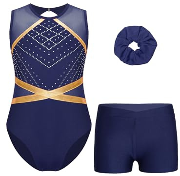 Sinleey Mädchen 3 Teiliges Gymnastikset Ärmellos Gymnastikanzug mit Shorts und Haarband Ballett Tanz Leotard Gymnastik Outfit für 5-16 Jahre A Navy blau 158-164