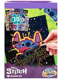 Disney Stitch Livre d'images à gratter A5 pour enfants | Livre de bricolage avec 15 motifs au format A5 | Avec stylo à gratter en bois | Effet de couleur arc-en-ciel | Kit créatif à partir de 3 ans