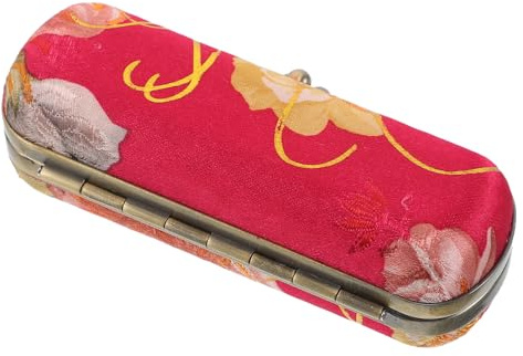POPETPOP Floral Embroidered Lipstick Holder with Mirror, Portable Mini Metal Lipstick Case for Purse, Decorative Cosmetic Storage Box in Rose Red, Travel Makeup Accessory for Women