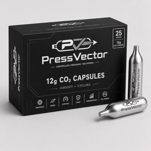 PressVector Cápsulas CO2 12g Sin Rosca, Pack 25 Cartuchos de Dióxido de Carbono para Airsoft CO2, Infladores de Bicicleta Compatibles