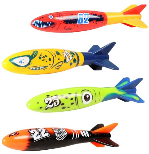 YESAH 4 Pièces Jouet de Plongée,Jeu Piscine,Jeu d'eau Torpilles de Plongée pour Baignoire,Piscine,Plage,Fête,Activité Aquatique,Sachet Cadeau,Jeux d'Été et Décoration Thème Marin,Été,Jardin,Vacances