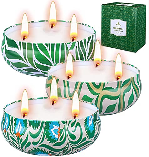 Supersun - Candele alla citronella, 3 candele profumate grandi da 396,9 g, senza fumo, durata 80 ore, per giardino, barbecue, campeggio, patio, esterni, interni, 100% cera di soia naturale