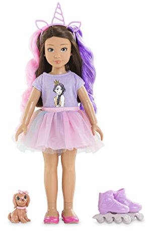 Corolle 9000600030 - Girls Luna Einhorn Set, Ankleidepuppe im Sommeroutfit mit Hund, mit Haarband, Ohrringe und extra Gummistiefel, 28cm Spielpuppe mit Vanilleduft, ab 4 Jahren