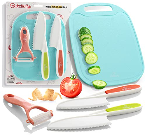 Baketivity Kid Safe Plastic Knives for Real Cooking with Cutting Board, Peeler for Kitchen - Knife Set with Blunt Tip, Dishwasher Safe, BPA Free Kids Knives for Cutting