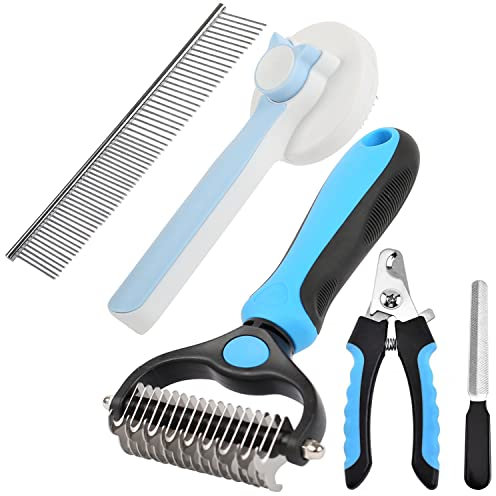 Haustierpflege Bürste 5 in 1, Doppelt Seitlich 9+17 Edelstahl Unterfellbürste mit Hundekamm und Krallenschneider, Tierhaarbürste für Große, Mittlere, Kleine Hunde und Katzen