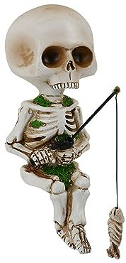 ds. distinctive style Statua di scheletro da pesca, 11,4 cm, mini statuette a forma di teschio, decorazione gotica di Halloween, in resina, scultura per esterni, giardino, stagno, fontana a bordo