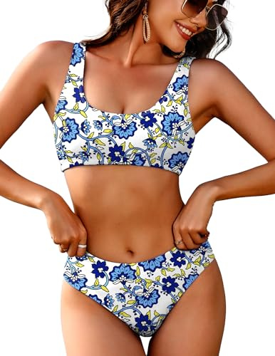 AI'MAGE Women Ribbed Bikini Sets Sporty Swimsuits Scoop Neck Two Piece Bathing Suits High Cut Bikini(Flower,XX-Large)