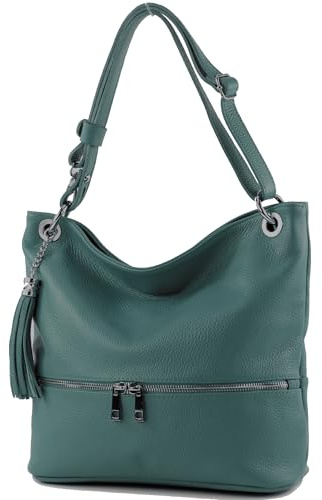 modamoda de - T143 - ital. Leder Schultertasche Umhängetasche, Farbe:Petrol