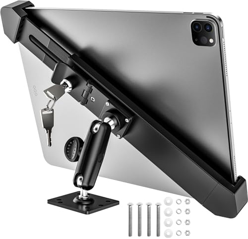 Dosvsi Security Car Tablet Mount, Industrial Heavy Duty Tablet Holder with Lock & Key, 360° Swivel Anti-Theft Stand for ELD/Semi Truck/Commercial Vehicle, for iPad Pro 12.9 Air 13, 9-14 Devices