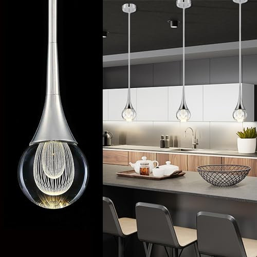 EANLOLY Crystal Pendant Light - Elegant LED Chandeliers Ceiling Fixture for Kitchen Islands, Dining Rooms, Bedroom, and Bar - Adjustable Height Raindrop Light, Silver Finish