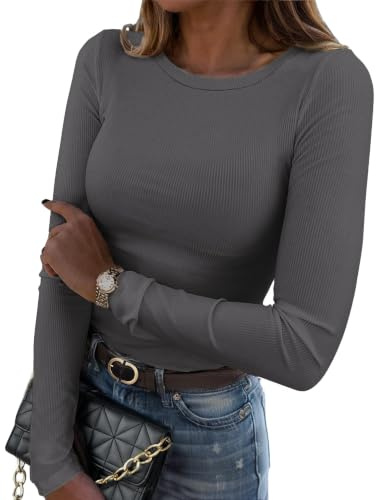 Zeagoo Maglietta Donna Manica Lunga Girocollo Maglia Costine Slim Fit Elegante T-Shirt Elasticizzato Basic Solido Tee Casual Camicia Tops Autunno Inverno Grigio Scuro S