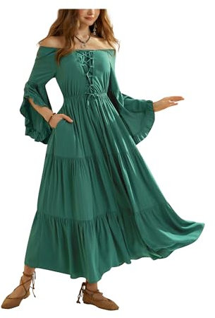 SCARLET DARKNESS Damen Renaissance Kleid Langarm Schulterfrei Lace-up Casual Maxi Kleider Weihnachtsgrün L
