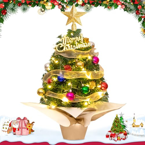 PQETBV Liten julgran med LED-belysning, 60 cm Mini Arbre de Noël Artificiel, en Arbre de Noël Artificiel med dekorationer, används för hem, fest och juldekoration