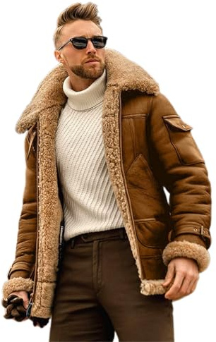FeMereina Faux Pu Leather Jacket for Men Fleece Sherpa Lined Winter Coats Heavyweight Button Up Fur Collar Motorbike Jacket (Khaki, M)