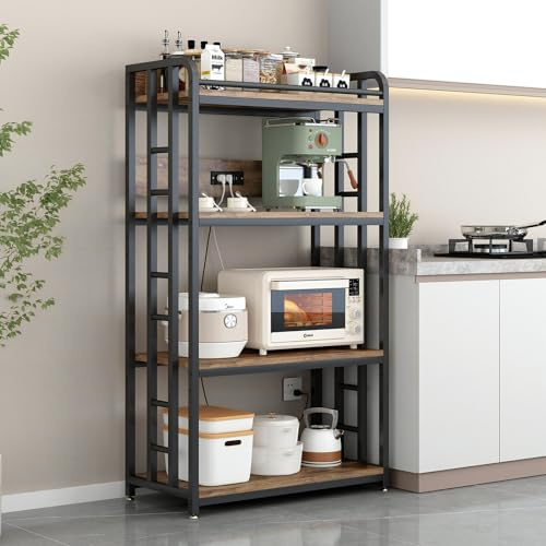 METYERRY Adjustable 4-Tier Heavy Duty Kitchen Baker's Rack with Power Outlet, with Industrial Wheels, Free Standing Microwave Oven Cart Stand for Storage in Living Room, Garage, Rustic Brown