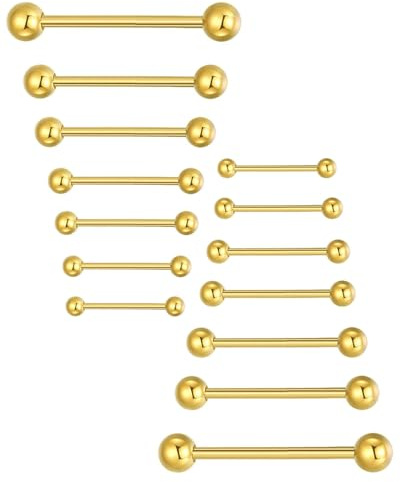 MYGLOAR Kit per piercing alla lingua da 14 pezzi 14G Acciaio chirurgico per piercing alla lingua Lingua 10/12/14/16/18/20/22mm Asta in plastica di acciaio chirurgico(Pallone d'oro)