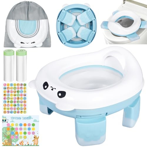 MAISITOO Pot Pliable pour Bébé – Toilette d'apprentissage 3-en-1 avec Sacs Jetables, Sac de Rangement, Autocollants & Design Anti-Dérapant – Chaise d’appoint pour Enfants en Voyage (Bleu)