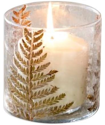 100 North PD Home & Garden Decorative Botanical Accent for Home and Events 4 Inch Glass Tealight Votive Candle Holder Container Jar Made with Real Pressed Flowers Natural Green Brown Fern