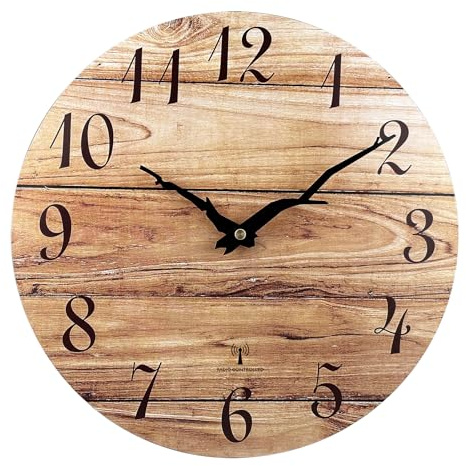 Plumeet Horloge murale analogique radio-pilotée en bois de 30 cm sans cadre avec mouvement à quartz silencieux, horloge décorative rustique en noyer pour chambre à coucher, salon, uniquement pour