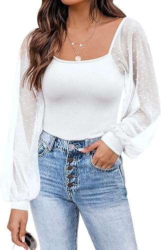 Timuspo White Puff Sleeve Top Polka Dot Off Shoulder Blouse Elegant Spring Autumn Going Out Tshirt Party Tops for Women UK XL