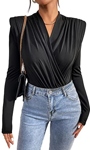 WDIRARA Women's Wrap V Neck Long Sleeve Shoulder Pads Bodysuit Elegant Shirt Black XL