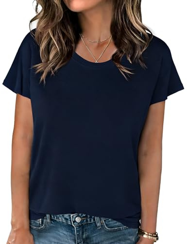 Crewhpo T-Shirt Donna Estivo Magliette Manica Corta con Scollo a U Maglietta Basic Elegante Tinta Unita T-Shirt Leggero Top Casual Moda Blu Navy M