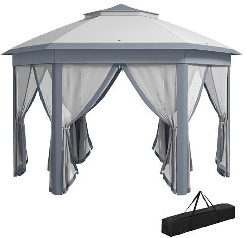 Outsunny Carpa Plegable 4x3,4 m, Cenador de Jardín Hexagonal con Doble Techo, 6 Mosquiteras Extraíbles y Bolsa de Transporte, Impermeable, Anti-UV para Exterior, Fiestas, Gris