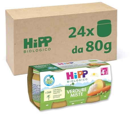HiPP - Omogeneizzato di Verdure Biologico per Neonati, Gusto Verdure Miste, Senza glutine, Senza Sali e Aromi Aggiunti, 24 Vasetti da 80 g