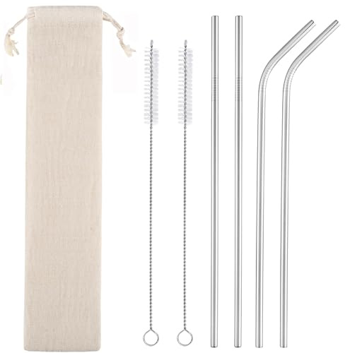 Set of 4 Reusable Metal Straws, 10.5'' Long Stainless Steel Straw with Cleaning Brushes and Case, Drinking for 30 oz and 20 oz Tumblers.