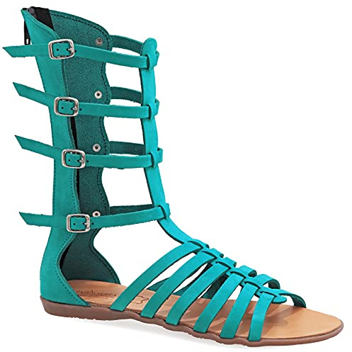 38 turquoise Emmanuela Sandales en cuir de gladiateur à la main de l'Emmanuela antique grecque, des sandales hautes veaux avec fermeture à glissière à la tige, chaises d'été plats pour femmes