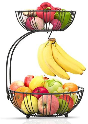 RICCLE Fruit Basket For Kitchen Counter - Fruit Basket With Banana Hanger - Double Layer Metal Wire Fruit Bowl For Countertop - Fruit Holder For Produce, Vegetables